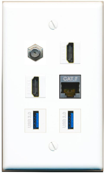  CAT7 COAX 2 HDMI 2 USB-3 Flat/Solid Wall Plate [White]