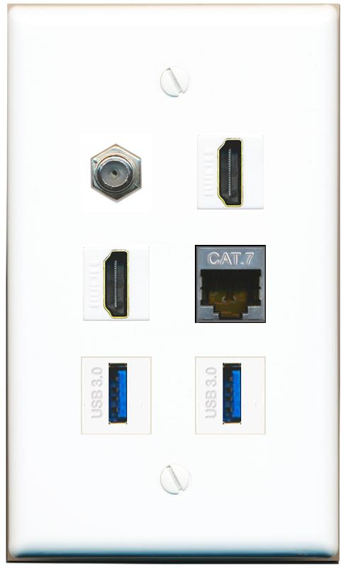  CAT7 COAX 2 HDMI 2 USB-3 Flat/Solid Wall Plate [White]