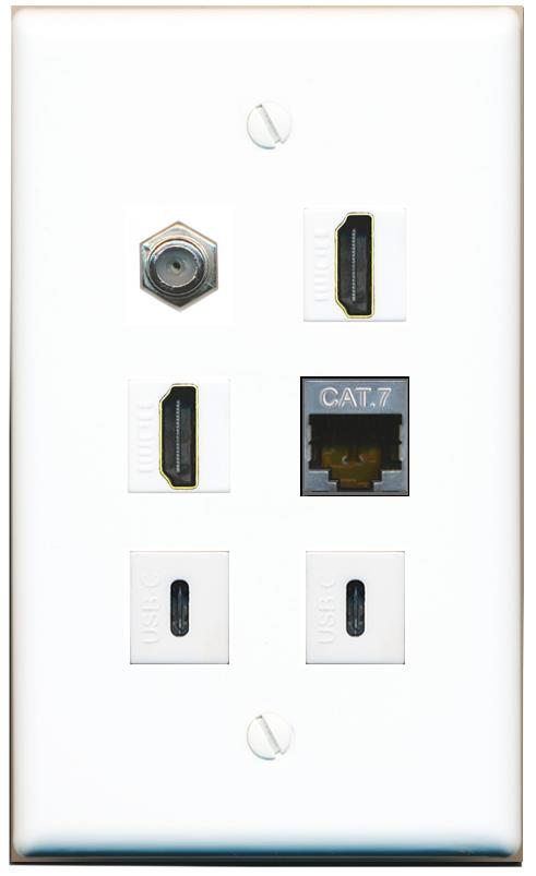  CAT7 COAX 2 HDMI 2 USBC Flat/Solid Wall Plate [White]