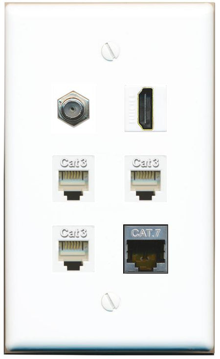  CAT7 COAX HDMI 3 PHONE Flat/Solid Wall Plate [White]