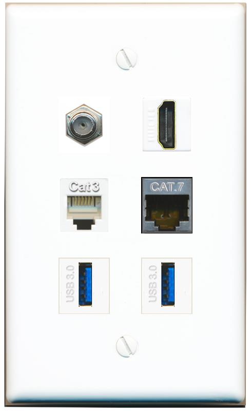  CAT7 COAX HDMI PHONE 2 USB-3 Flat/Solid Wall Plate [White]