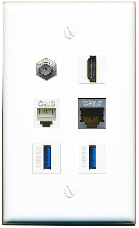  CAT7 COAX HDMI PHONE 2 USB-3 Flat/Solid Wall Plate [White]
