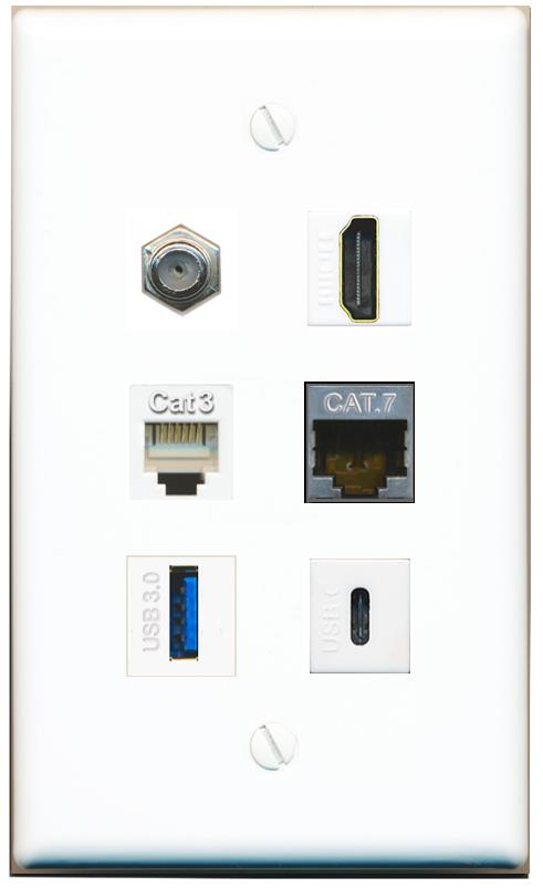  CAT7 COAX HDMI PHONE USB-3 USBC Flat/Solid Wall Plate [White]