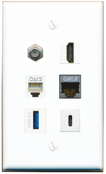  CAT7 COAX HDMI PHONE USB-3 USBC Flat/Solid Wall Plate [White]