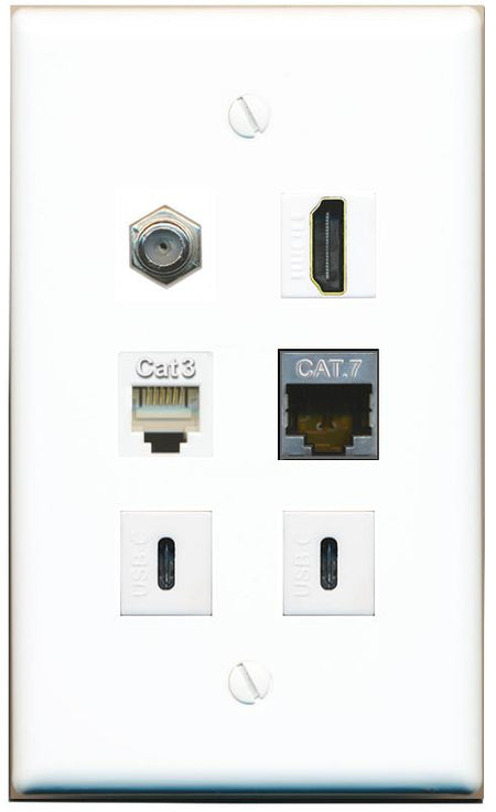  CAT7 COAX HDMI PHONE 2 USBC Flat/Solid Wall Plate [White]