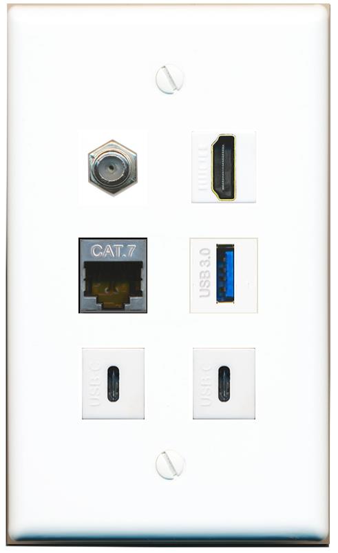  CAT7 COAX HDMI USB-3 2 USBC Flat/Solid Wall Plate [White]