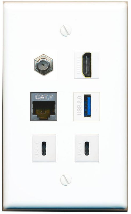  CAT7 COAX HDMI USB-3 2 USBC Flat/Solid Wall Plate [White]