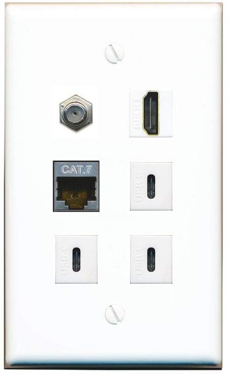  CAT7 COAX HDMI 3 USBC Flat/Solid Wall Plate [White]