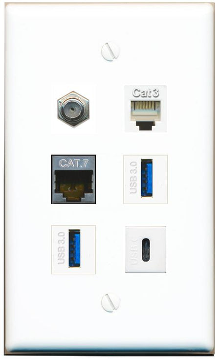  CAT7 COAX PHONE 2 USB-3 USBC Flat/Solid Wall Plate [White]