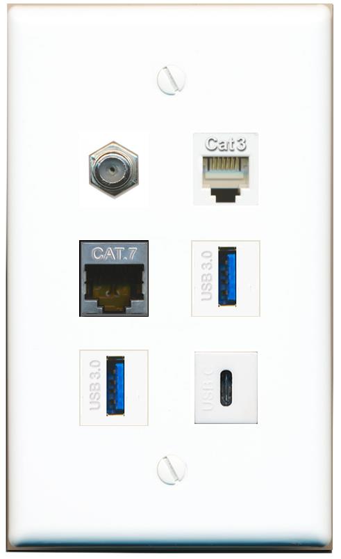  CAT7 COAX PHONE 2 USB-3 USBC Flat/Solid Wall Plate [White]