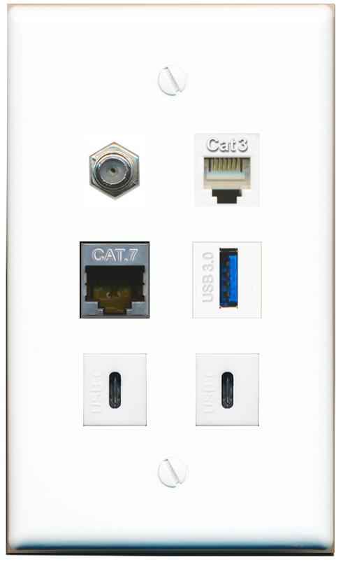  CAT7 COAX PHONE USB-3 2 USBC Flat/Solid Wall Plate [White]