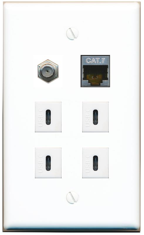  CAT7 COAX 4 USBC Flat/Solid Wall Plate [White]