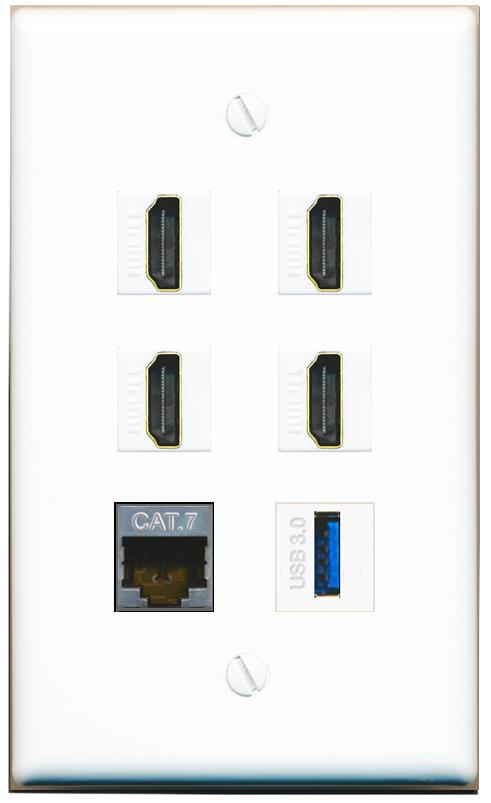  CAT7 4 HDMI USB-3 Flat/Solid Wall Plate [White]