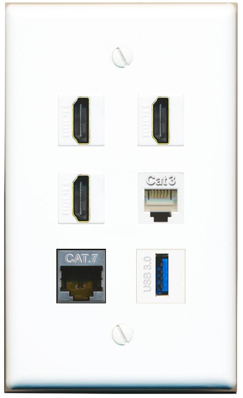  CAT7 3 HDMI PHONE USB-3 Flat/Solid Wall Plate [White]