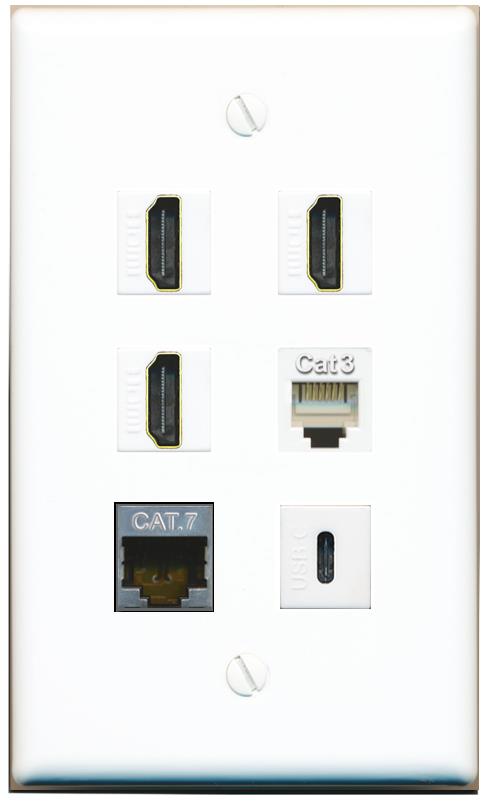  CAT7 3 HDMI PHONE USBC Flat/Solid Wall Plate [White]