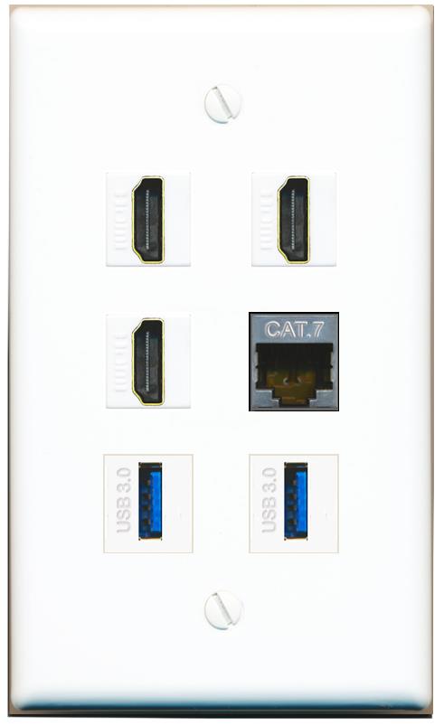  CAT7 3 HDMI 2 USB-3 Flat/Solid Wall Plate [White]