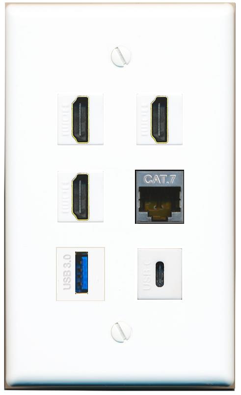  CAT7 3 HDMI USB-3 USBC Flat/Solid Wall Plate [White]