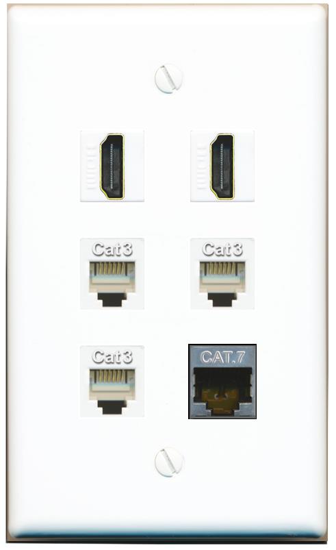  CAT7 2 HDMI 3 PHONE Flat/Solid Wall Plate [White]