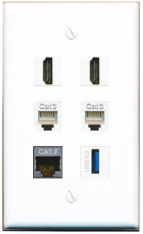  CAT7 2 HDMI 2 PHONE USB-3 Flat/Solid Wall Plate [White]
