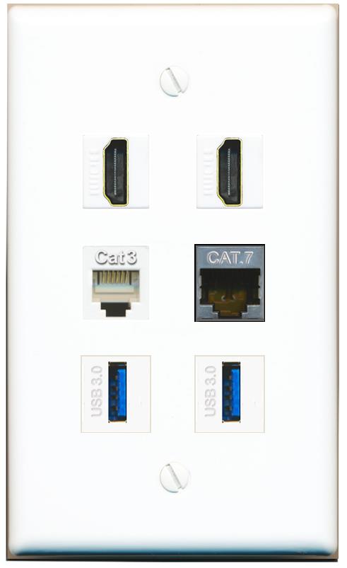  CAT7 2 HDMI PHONE 2 USB-3 Flat/Solid Wall Plate [White]
