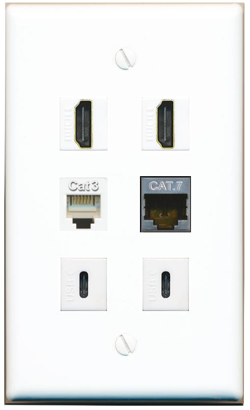  CAT7 2 HDMI PHONE 2 USBC Flat/Solid Wall Plate [White]