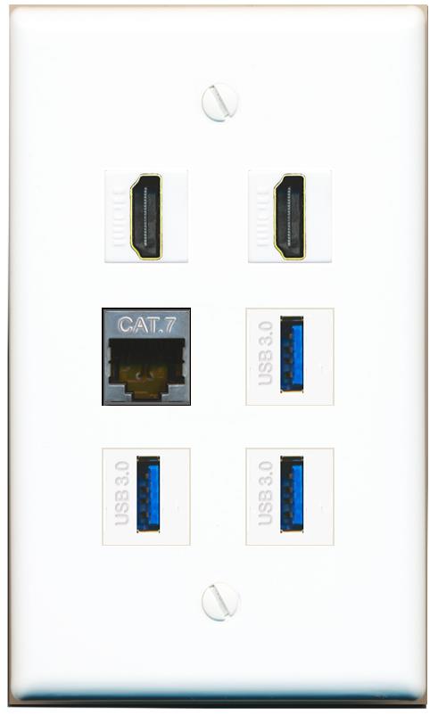  CAT7 2 HDMI 3 USB-3 Flat/Solid Wall Plate [White]