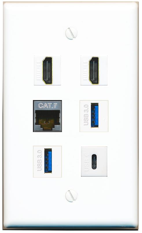  CAT7 2 HDMI 2 USB-3 USBC Flat/Solid Wall Plate [White]