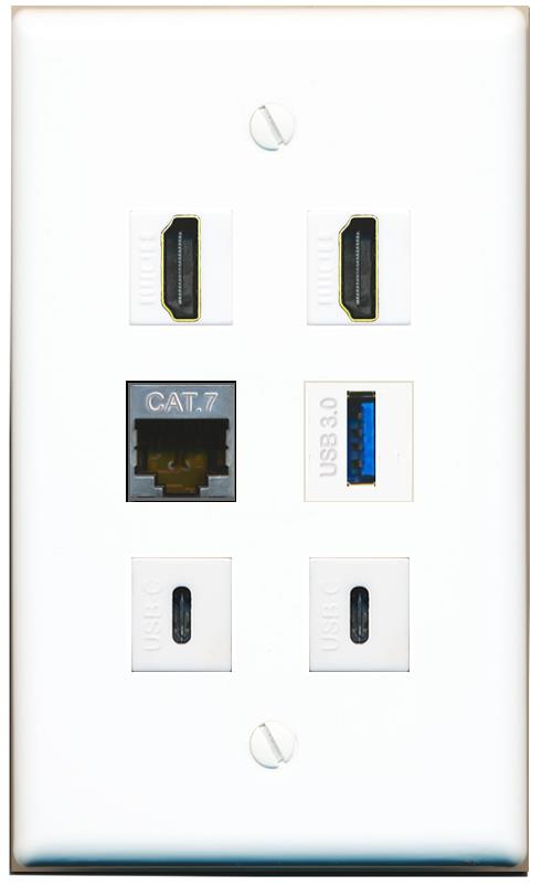  CAT7 2 HDMI USB-3 2 USBC Flat/Solid Wall Plate [White]