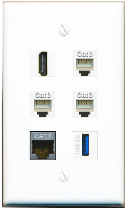  CAT7 HDMI 3 PHONE USB-3 Flat/Solid Wall Plate [White]