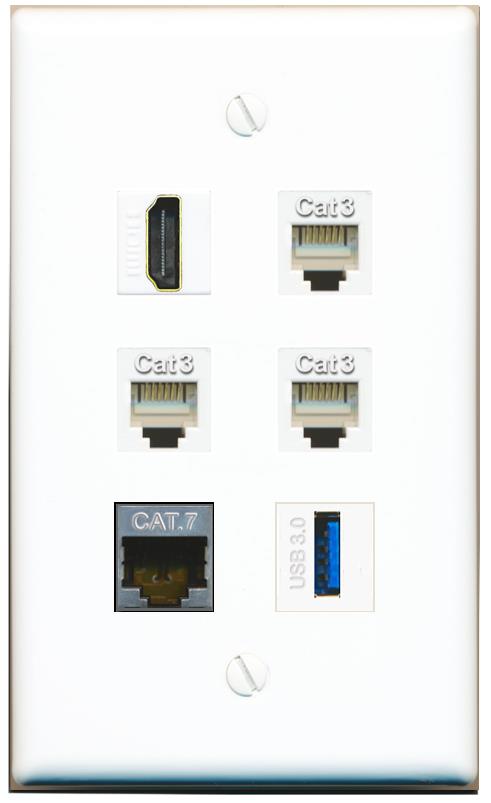  CAT7 HDMI 3 PHONE USB-3 Flat/Solid Wall Plate [White]