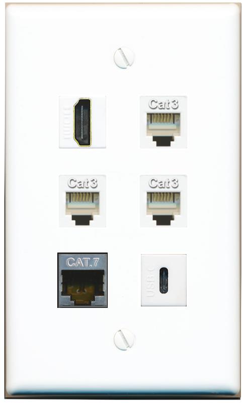  CAT7 HDMI 3 PHONE USBC Flat/Solid Wall Plate [White]