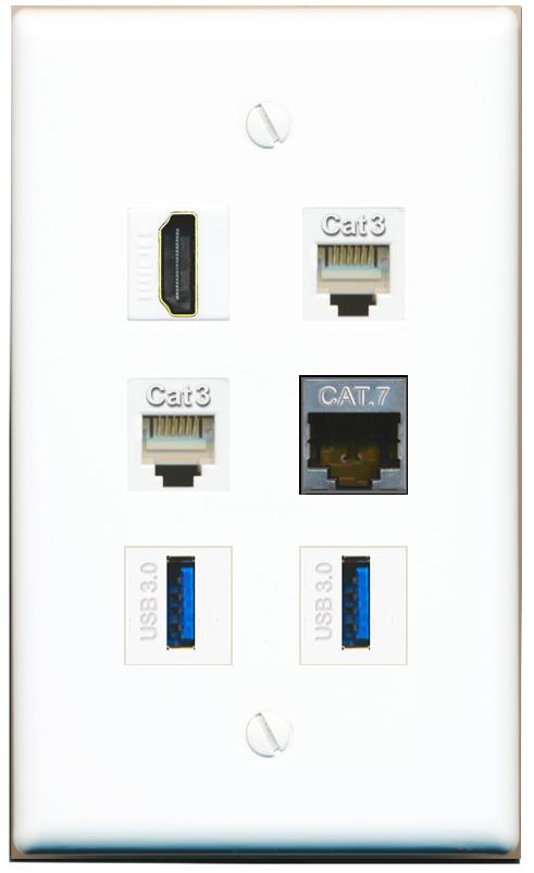  CAT7 HDMI 2 PHONE 2 USB-3 Flat/Solid Wall Plate [White]
