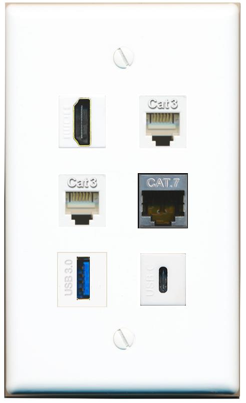  CAT7 HDMI 2 PHONE USB-3 USBC Flat/Solid Wall Plate [White]