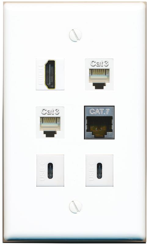  CAT7 HDMI 2 PHONE 2 USBC Flat/Solid Wall Plate [White]