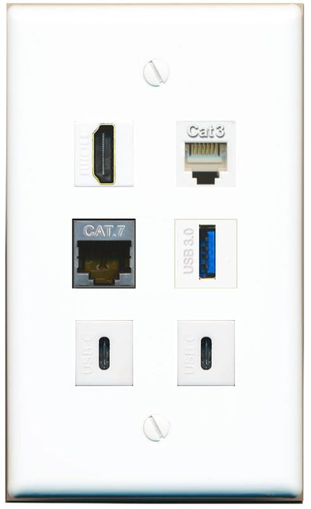  CAT7 HDMI PHONE USB-3 2 USBC Flat/Solid Wall Plate [White]