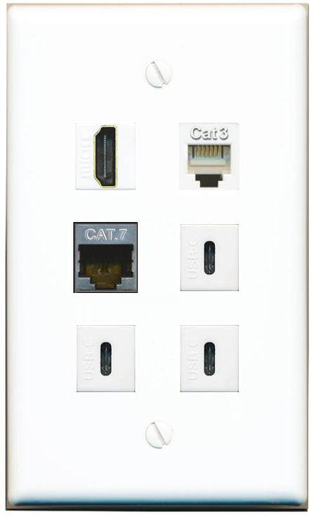  CAT7 HDMI PHONE 3 USBC Flat/Solid Wall Plate [White]