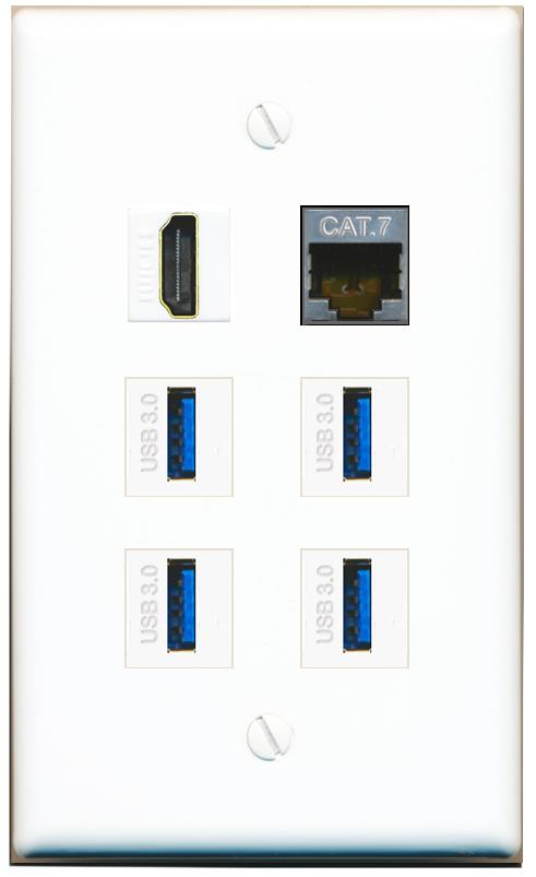  CAT7 HDMI 4 USB-3 Flat/Solid Wall Plate [White]