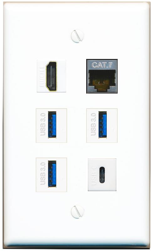  CAT7 HDMI 3 USB-3 USBC Flat/Solid Wall Plate [White]