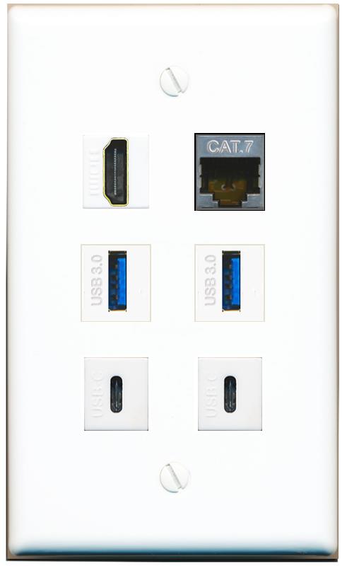  CAT7 HDMI 2 USB-3 2 USBC Flat/Solid Wall Plate [White]