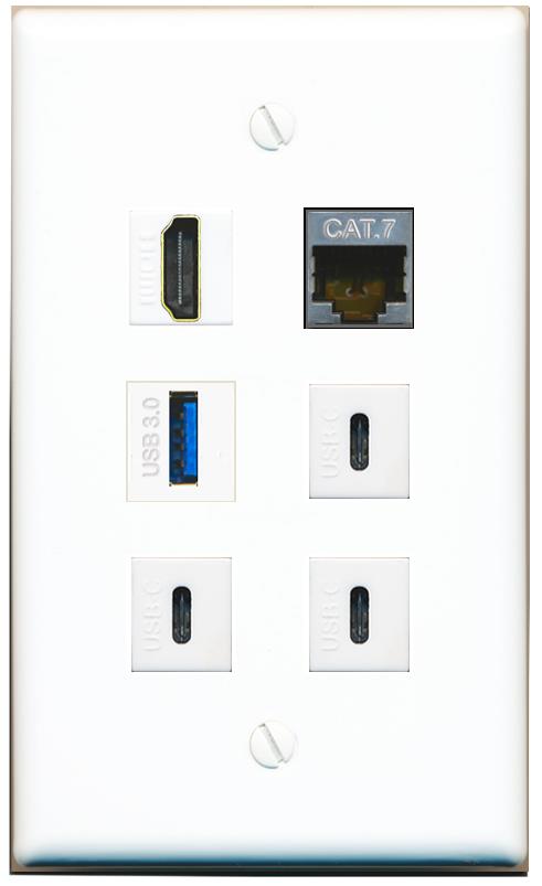  CAT7 HDMI USB-3 3 USBC Flat/Solid Wall Plate [White]