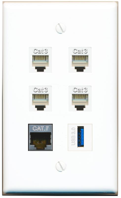 CAT7 4 PHONE USB-3 Flat/Solid Wall Plate [White]