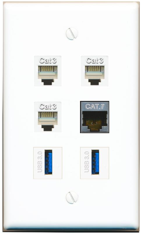  CAT7 3 PHONE 2 USB-3 Flat/Solid Wall Plate [White]