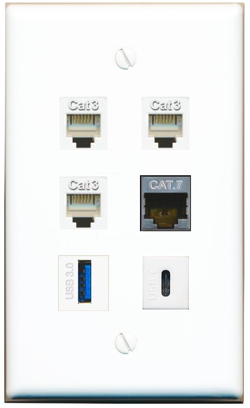  CAT7 3 PHONE USB-3 USBC Flat/Solid Wall Plate [White]