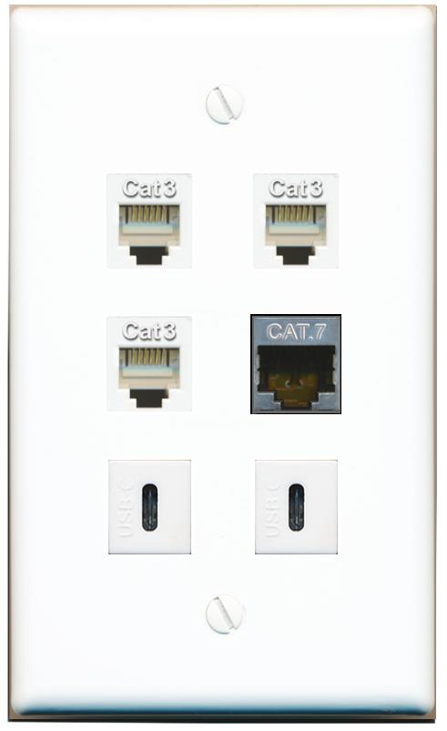  CAT7 3 PHONE 2 USBC Flat/Solid Wall Plate [White]