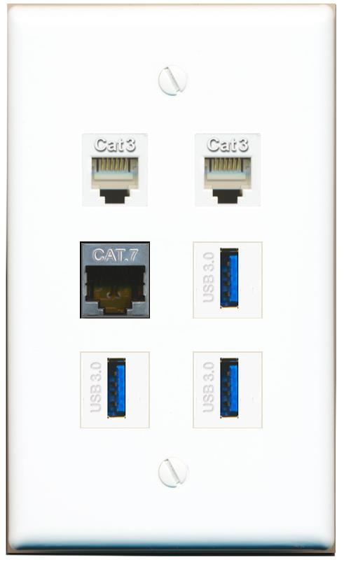  CAT7 2 PHONE 3 USB-3 Flat/Solid Wall Plate [White]