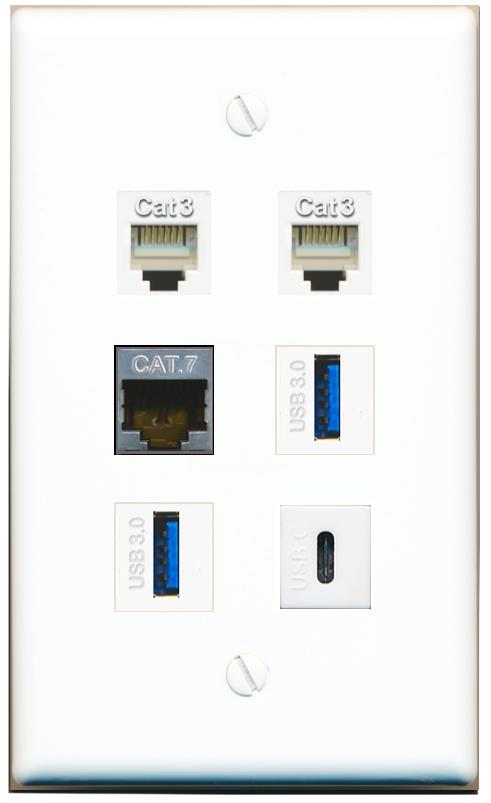  CAT7 2 PHONE 2 USB-3 USBC Flat/Solid Wall Plate [White]