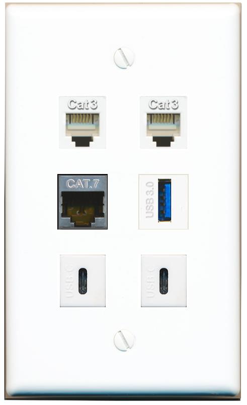  CAT7 2 PHONE USB-3 2 USBC Flat/Solid Wall Plate [White]