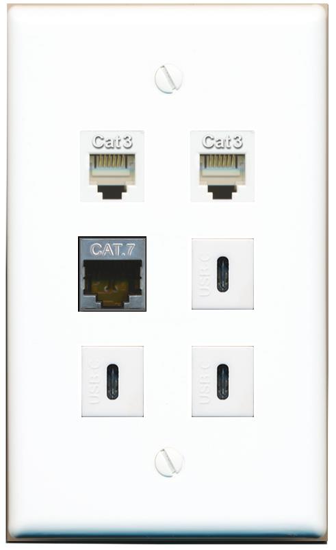  CAT7 2 PHONE 3 USBC Flat/Solid Wall Plate [White]