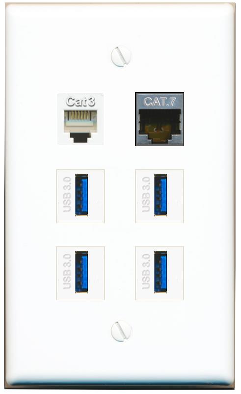  CAT7 PHONE 4 USB-3 Flat/Solid Wall Plate [White]