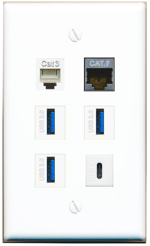  CAT7 PHONE 3 USB-3 USBC Flat/Solid Wall Plate [White]